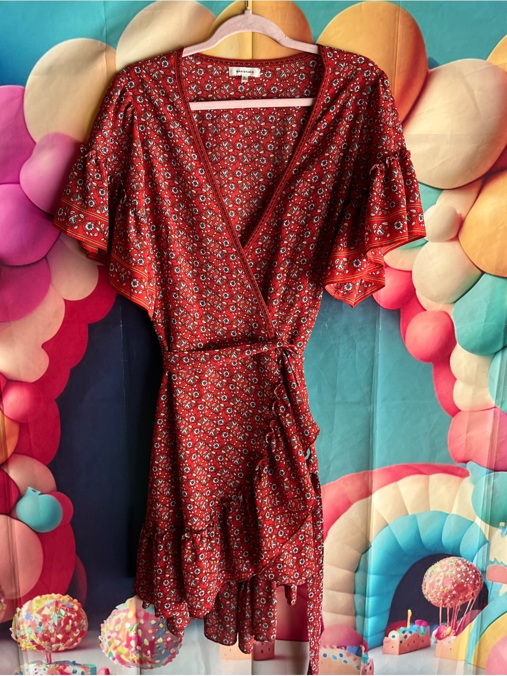 Max Studio Red Floral Wrap Dress with Flutter Sleeves